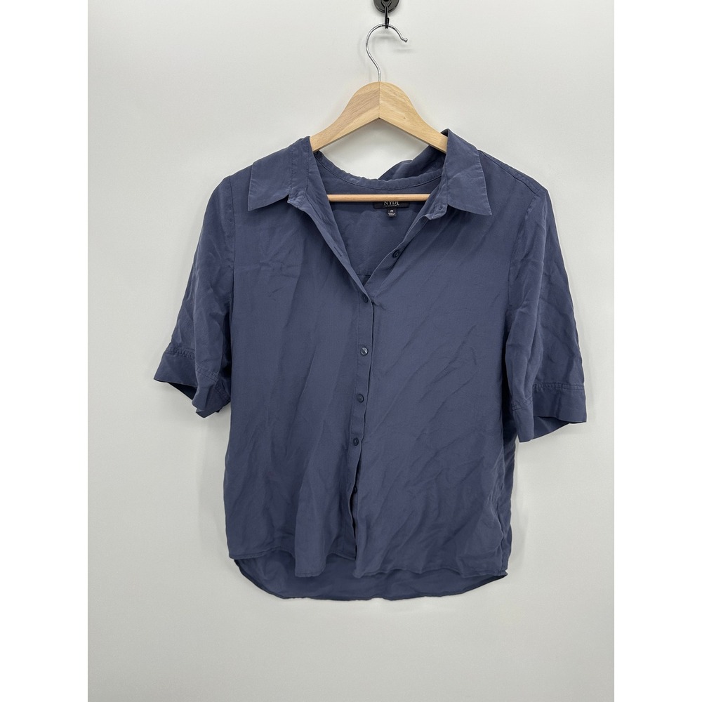 NYDJ Womens Blue Button Front Silk Shirt Sz M Classic Quiet Luxury Collar Chic